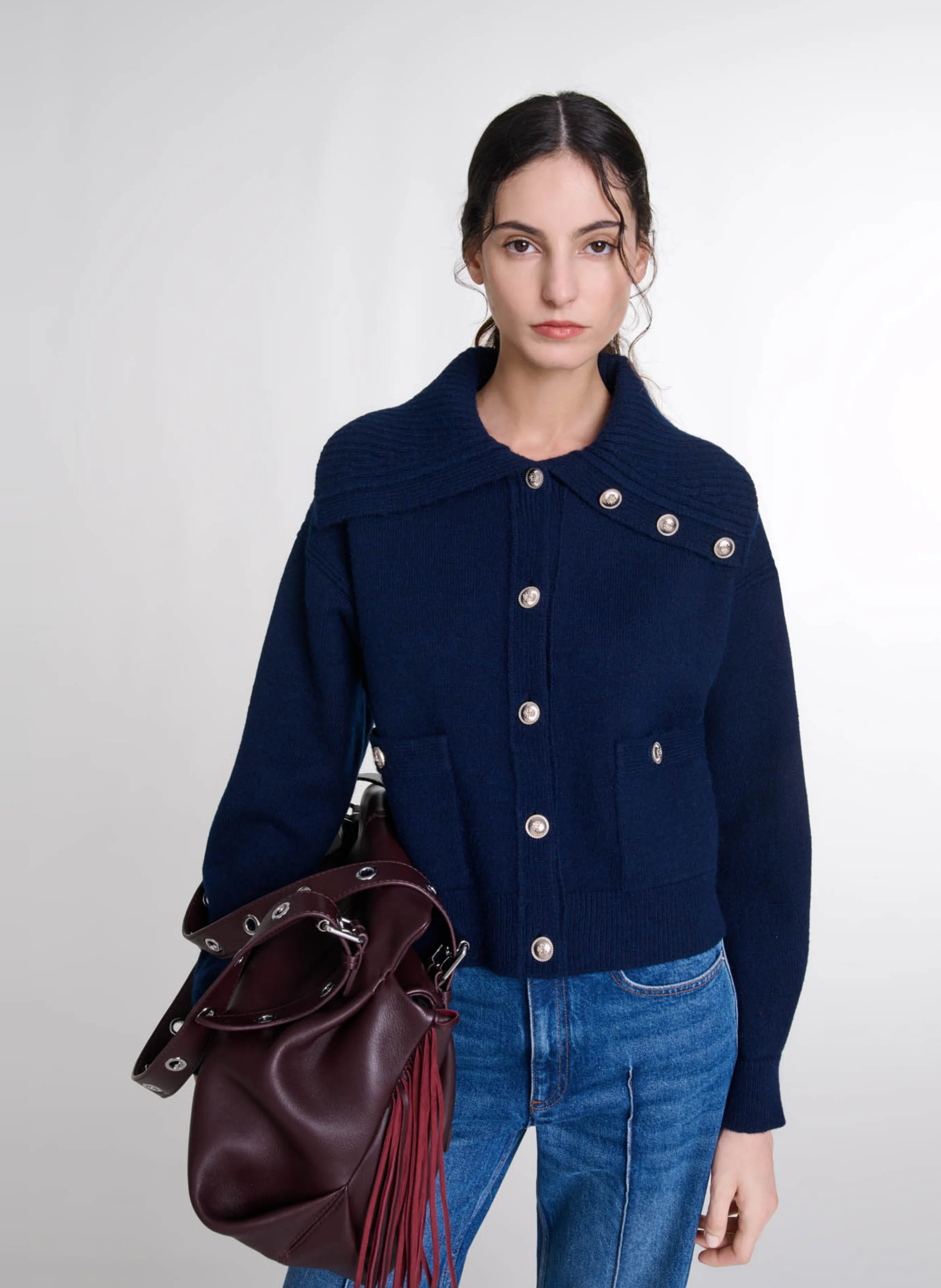 Cardigan droit col vareuse | Bleu