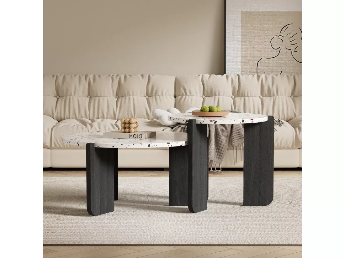 Ensemble de 2 tables basses gigognes moderne blanc et pieds noirs QEGZA BLACK