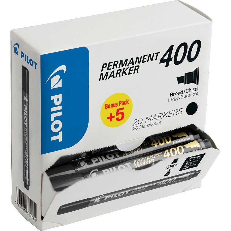 Pack de 15 marqueurs permanents Pilot 400 pointe biseautée 4,5 mm noirs + 5 offerts
