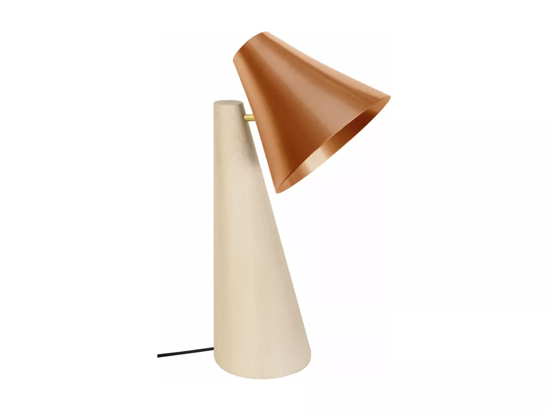 Lampe de bureau conique bois naturel,cuivre 42 cm.