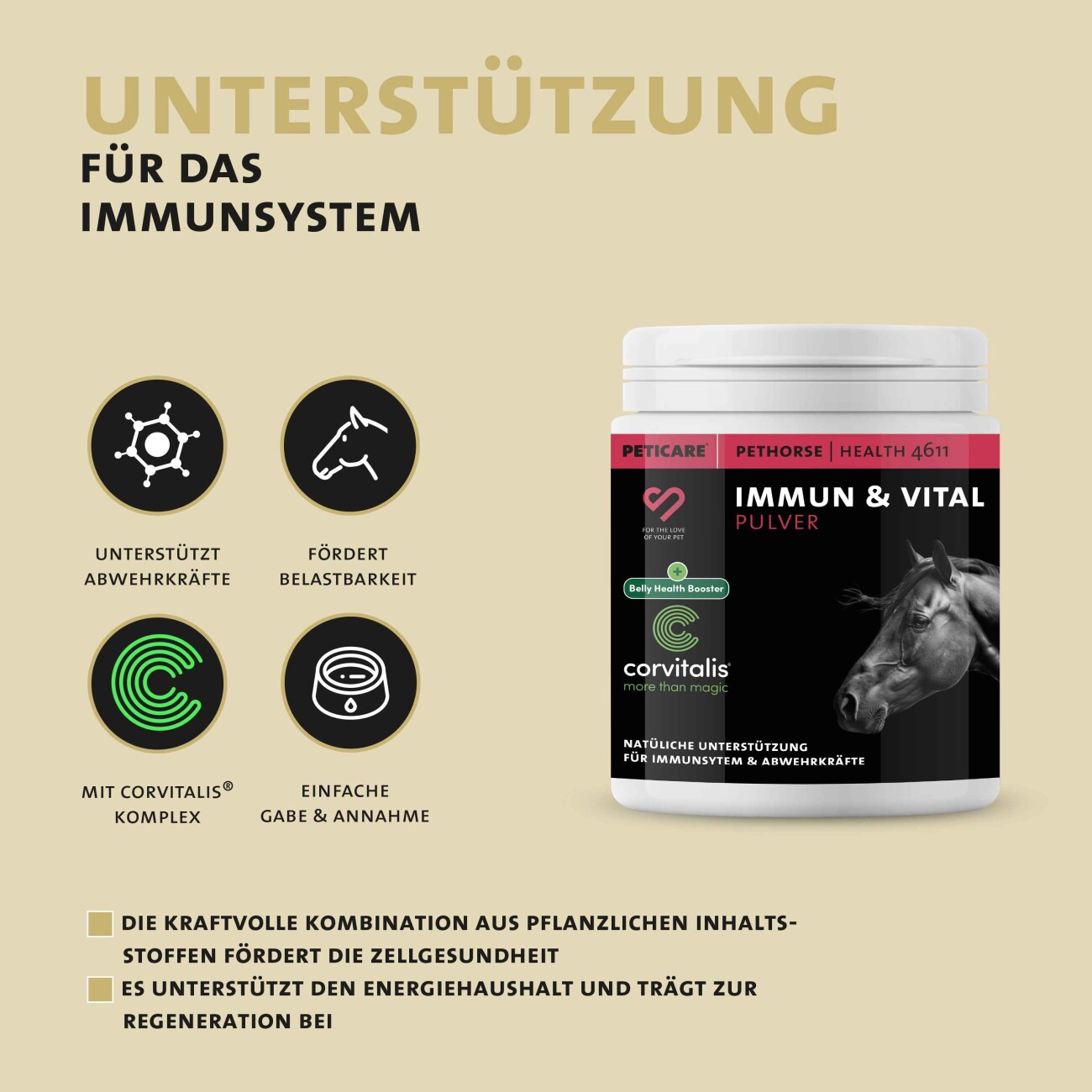 Peticare Ergänzungsfutter Immun & Vital Mix Pulver für Pferde 200g