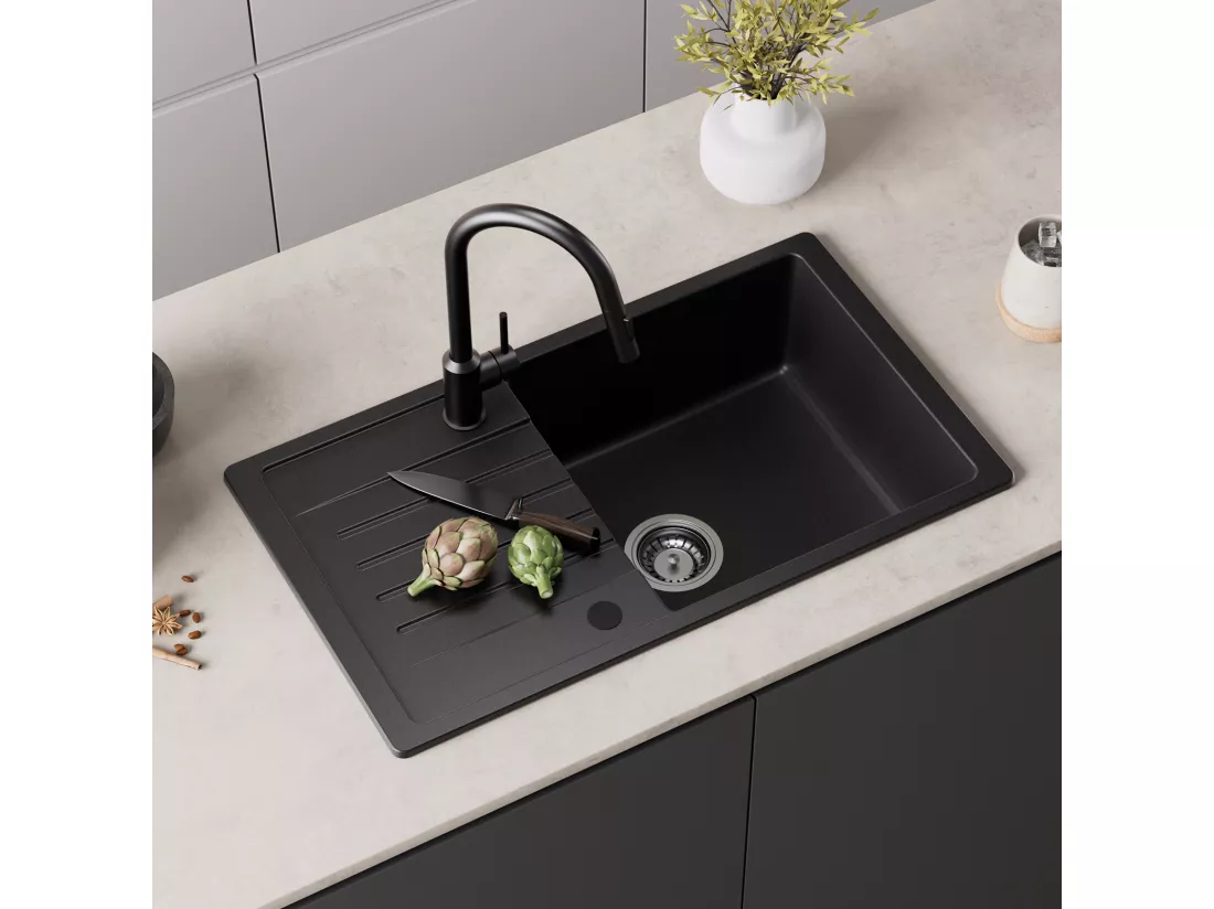 Cecipa max 78x45cm Evier 1 Bac avec Egouttoir Evier à encastrer Quartz et résine Noir + Mitigeur de Cuisine à Ressort Noir avec Douchette Extractible
