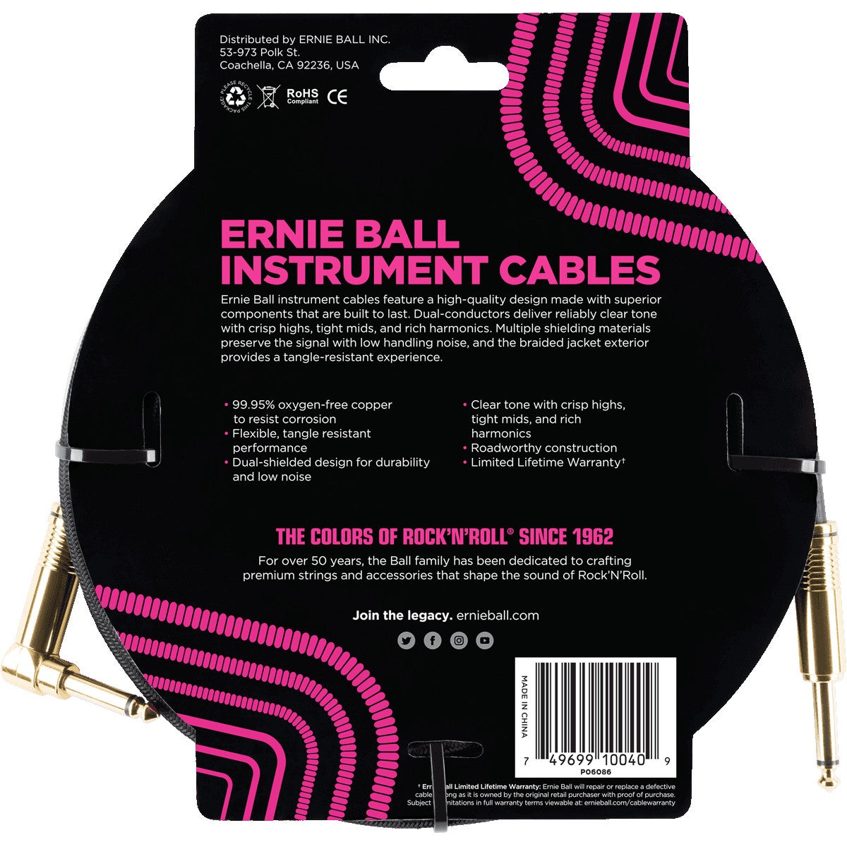Ernie Ball 6086 Braided Instrument Cable, 5.5 meter, Black