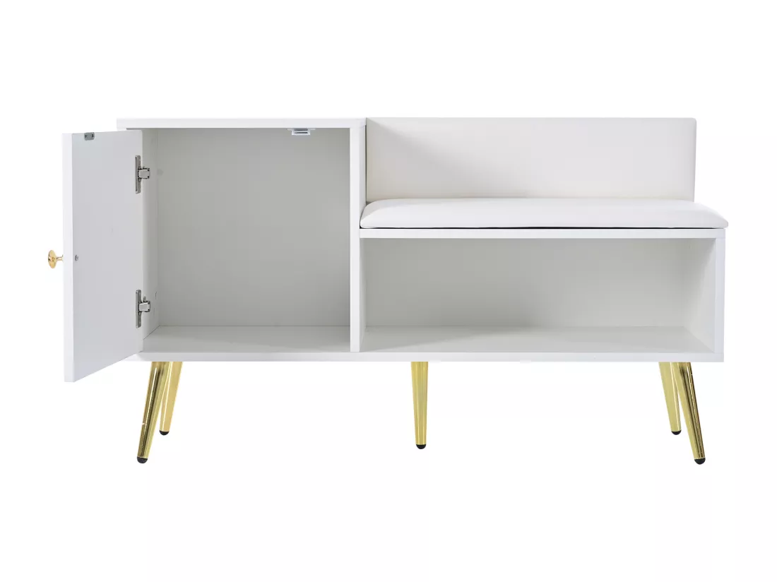 Banc à chaussures moderne avec 3 portes et coussin - pièds et poignées en métal - coloris blanc - 100 x 38 x 58 cm