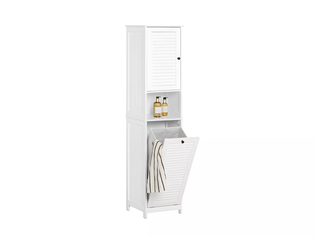 SoBuy Meuble Colonne de Salle de Bain, Placard Armoire Toilette Haute, Meuble de Salle de Bain, Meuble de Rangement avec 1 Porte, 1 Tiroir et 1 Panier à Linge Amovible, 40x38x170cm, BZR124-W