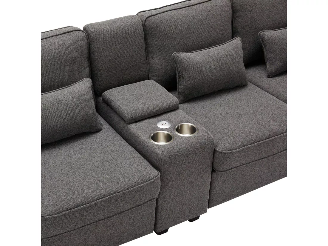 Canapé moderne 4 places en tissu lin avec console, 2 porte-gobelets, 2 ports USB (possibilité de chargement par câble)