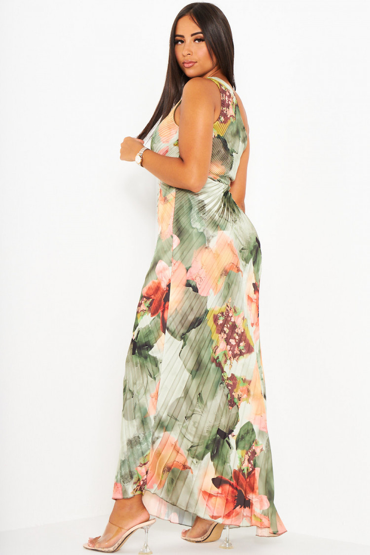 Robe kaki one shoulder plissées et fleurie