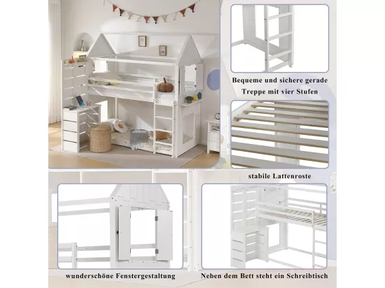 Lit superposé pour enfants 90x200 cm, avec protection contre les chutes et rails, table, étagères ouvertes, deux fenêtres, pin + MDF, blanc