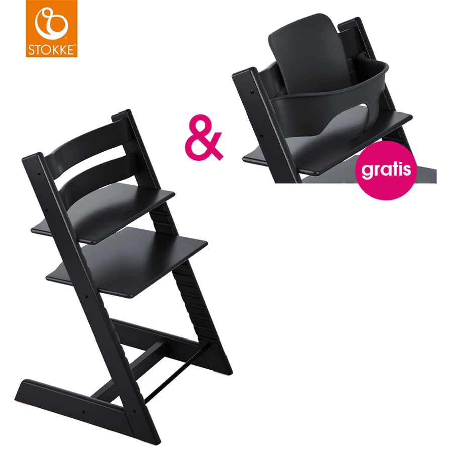 STOKKE® Tripp Trapp® Hochstuhl Buche schwarz + gratis Baby Set schwarz
