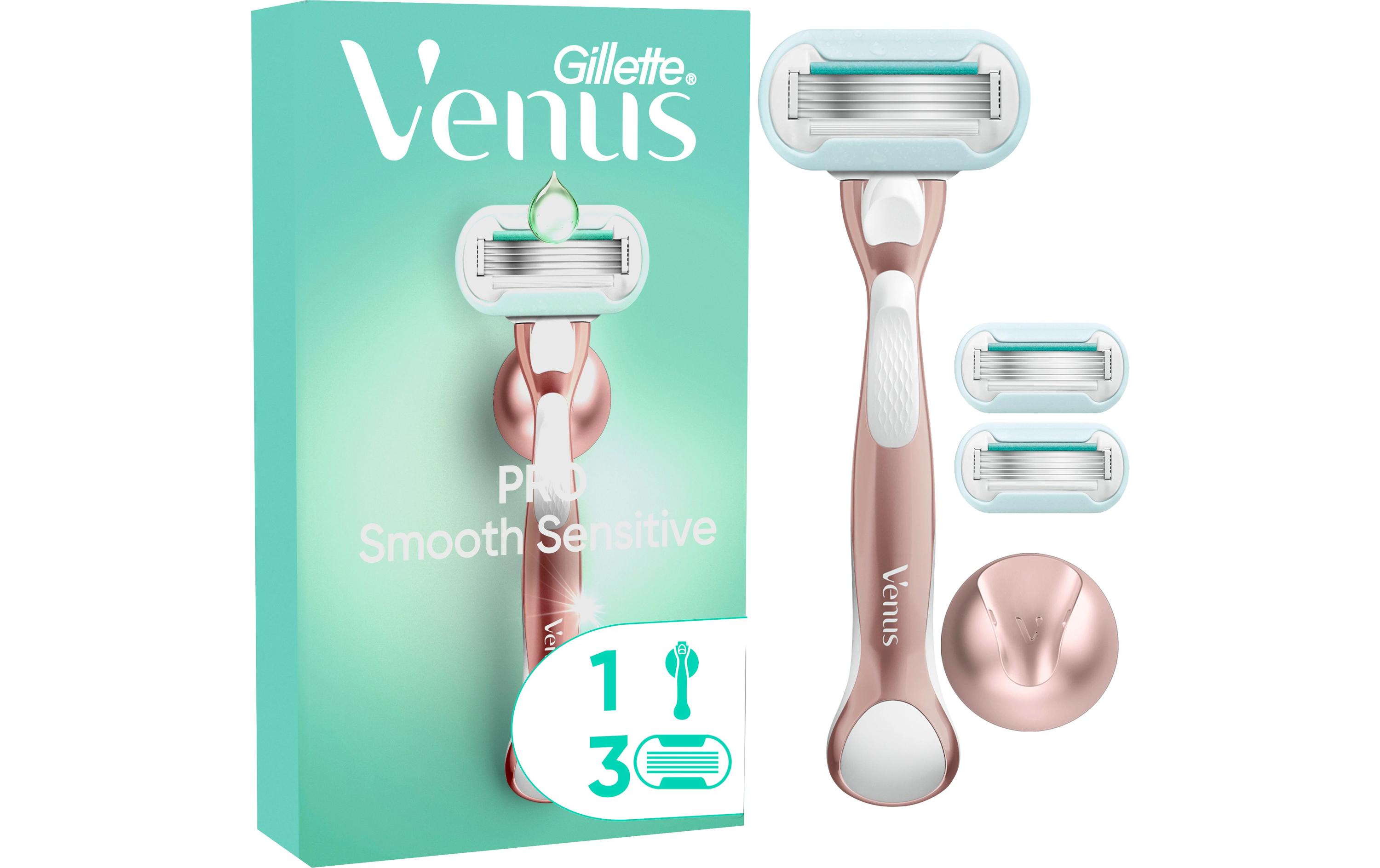 Damenrasierer Pro Smooth Sensitive 3er + HandstückDamenrasierer für empfindliche Haut mit Duschhalterung