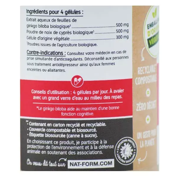 Nat & Form Ginkgo Biloba Cipreste Orgânico Ecológico 120 cápsulas