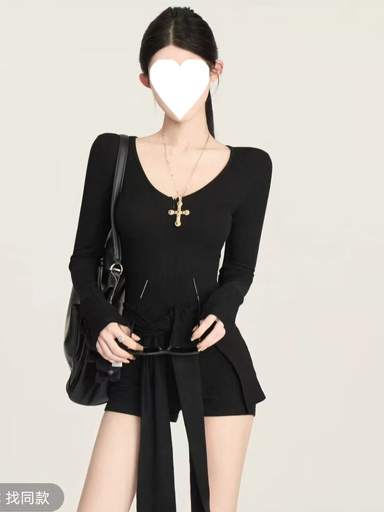SUGARUS - Set: Romper met lange mouwen, ronde hals en effen kleur + tailleband