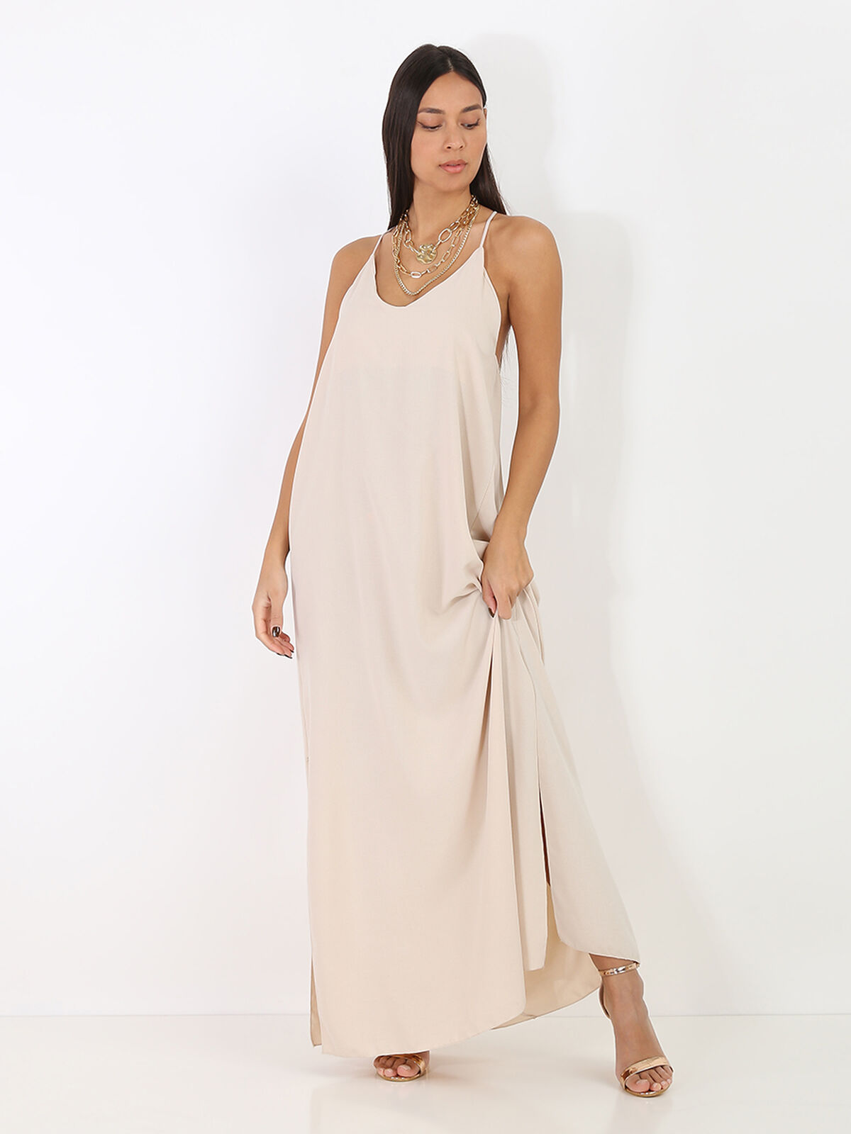 Robe longue fendue à dos croisé- Beige