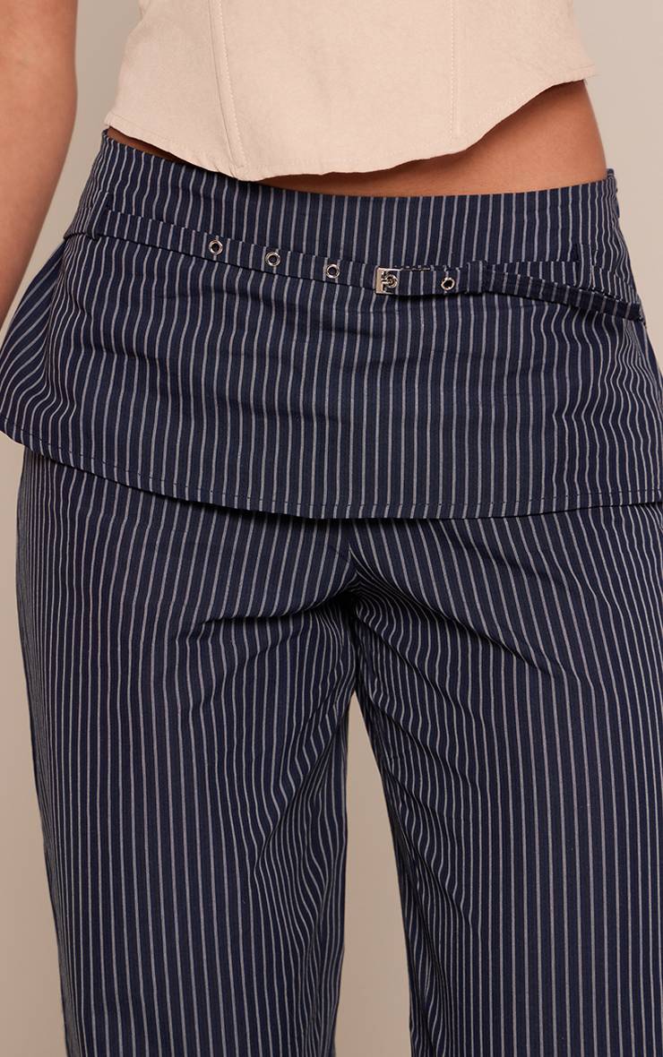 Bleu Marine Pantalon À Rayures Fines Avec Taille Repliée Et Détail Ceinture