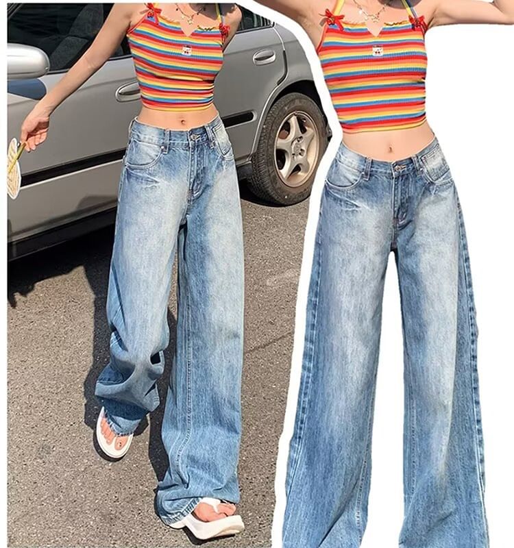 CRIBI - Mid Rise Washed Wide Leg Jeans