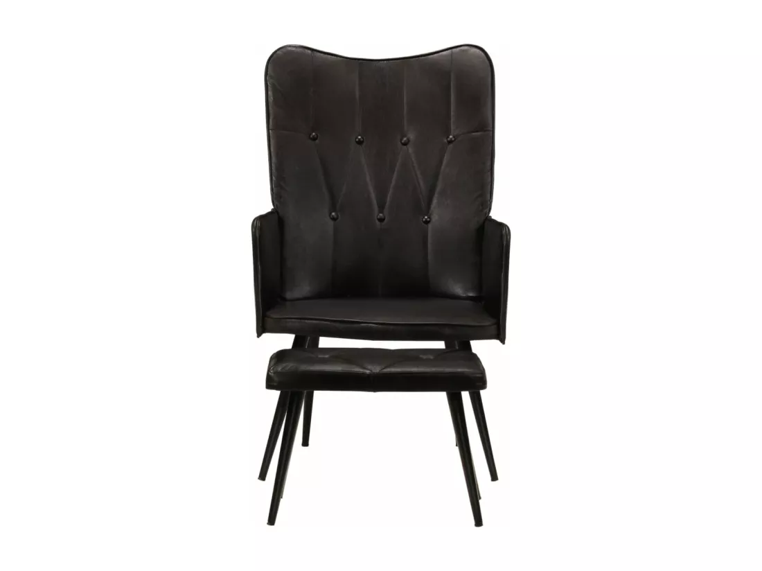 Fauteuil à oreilles avec repose-pied Noir Cuir véritable