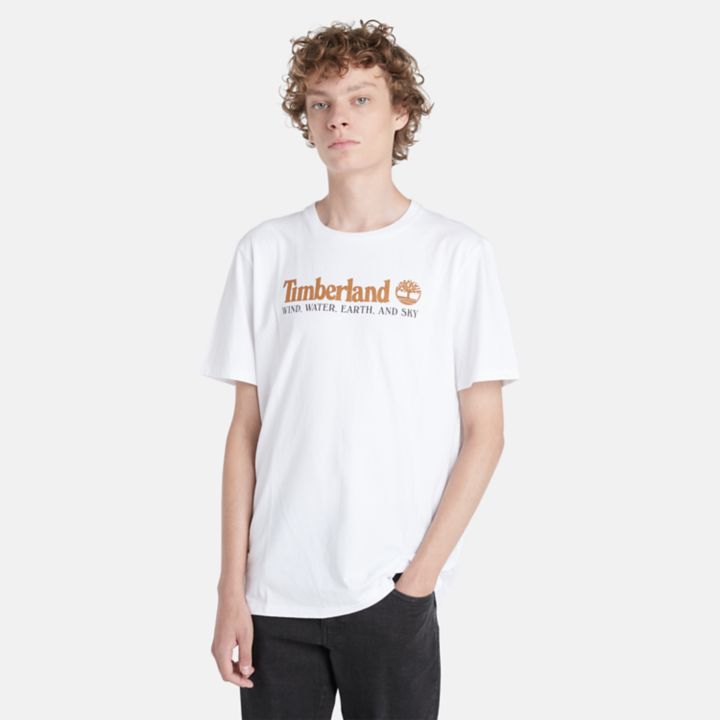 Camiseta masculina branca com estampa de vento, água, terra e céu.