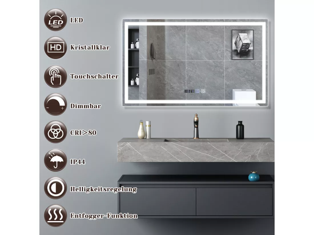 NETTLIFE Miroir lumineux salle de bain - 100x60 cm LED, IP44, interrupteur tactile, horloge désembuage, réglable
