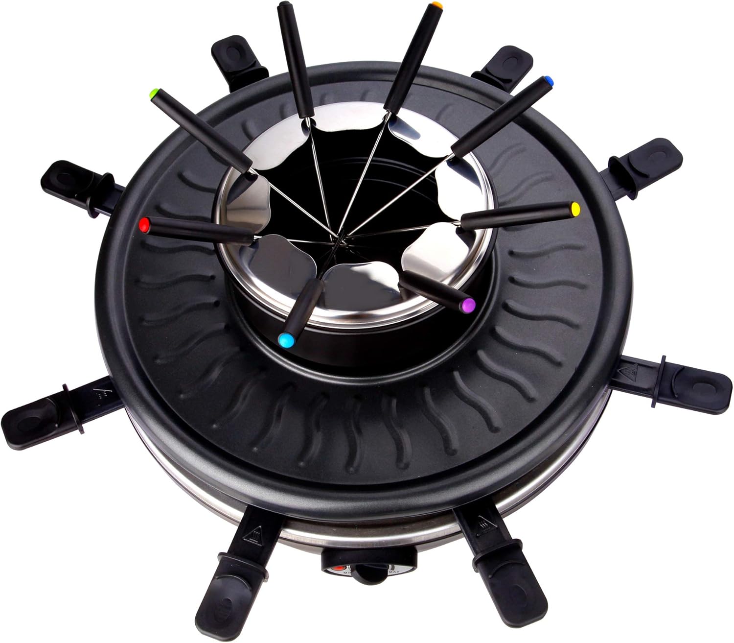 Syntrox Germany 4in1 Raclette mit Fondue für 8 Personen, Tischgrill mit heißem Stein, Pancake- und Crepesplatte, 8 Pfännchen, 1350 W, antihaftbeschichtet, schwarz
