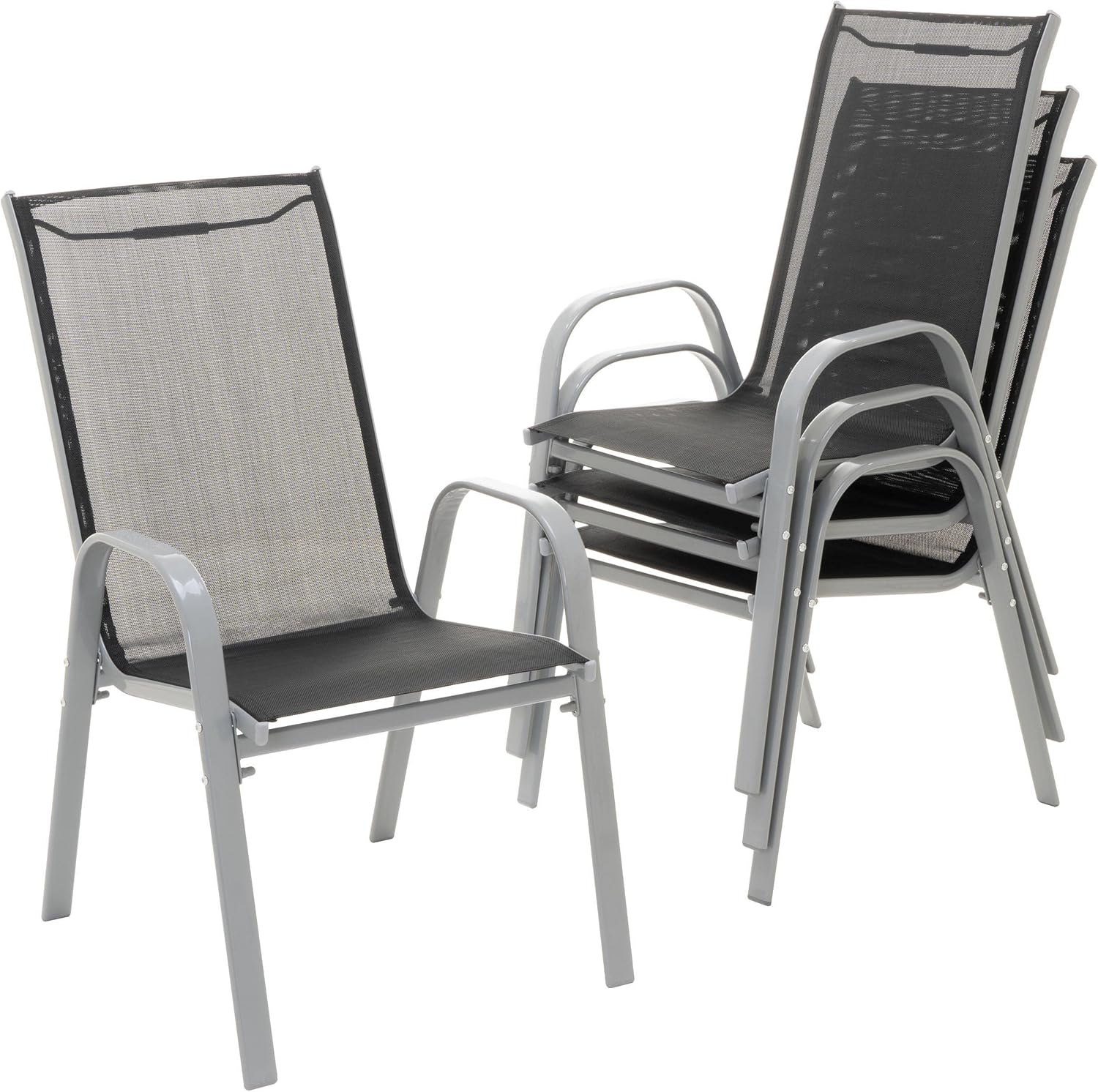 Nexos 5-teiliges Gartenmöbel-Set aus 4 Stapelstühlen & Esstisch – Textilene schwarz/Rahmen grau