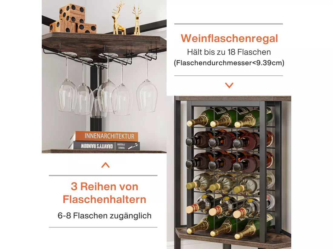 Étagère d'angle avec Range Bouteille et étagères de Rangement, Barre d'angle à 4 Niveaux, étagère d'angle Autonome pour Salon, Salle à Manger, Cuisine