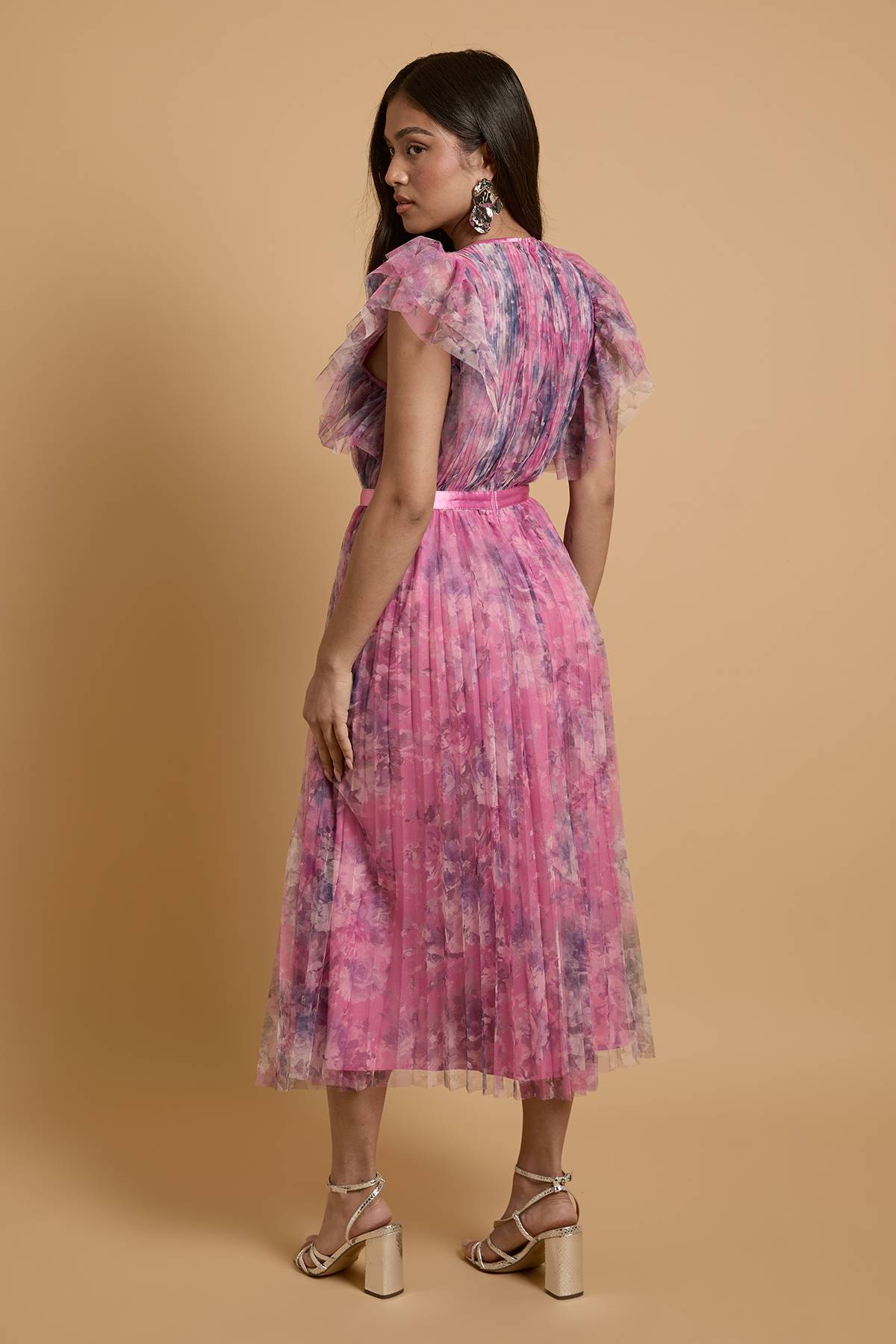 Oasis Robe Midi Plissée En Mesh Imprimé Petite Avec Manches Volantées