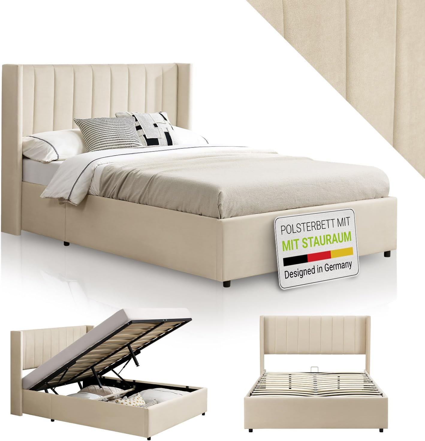 Juskys Polsterbett Savona 120x200 cm, Bett mit Stauraum, Lattenrost, Samt-Bezug, Bettgestell aus Holz, bis 250 kg, großes Kopfteil, Beige
