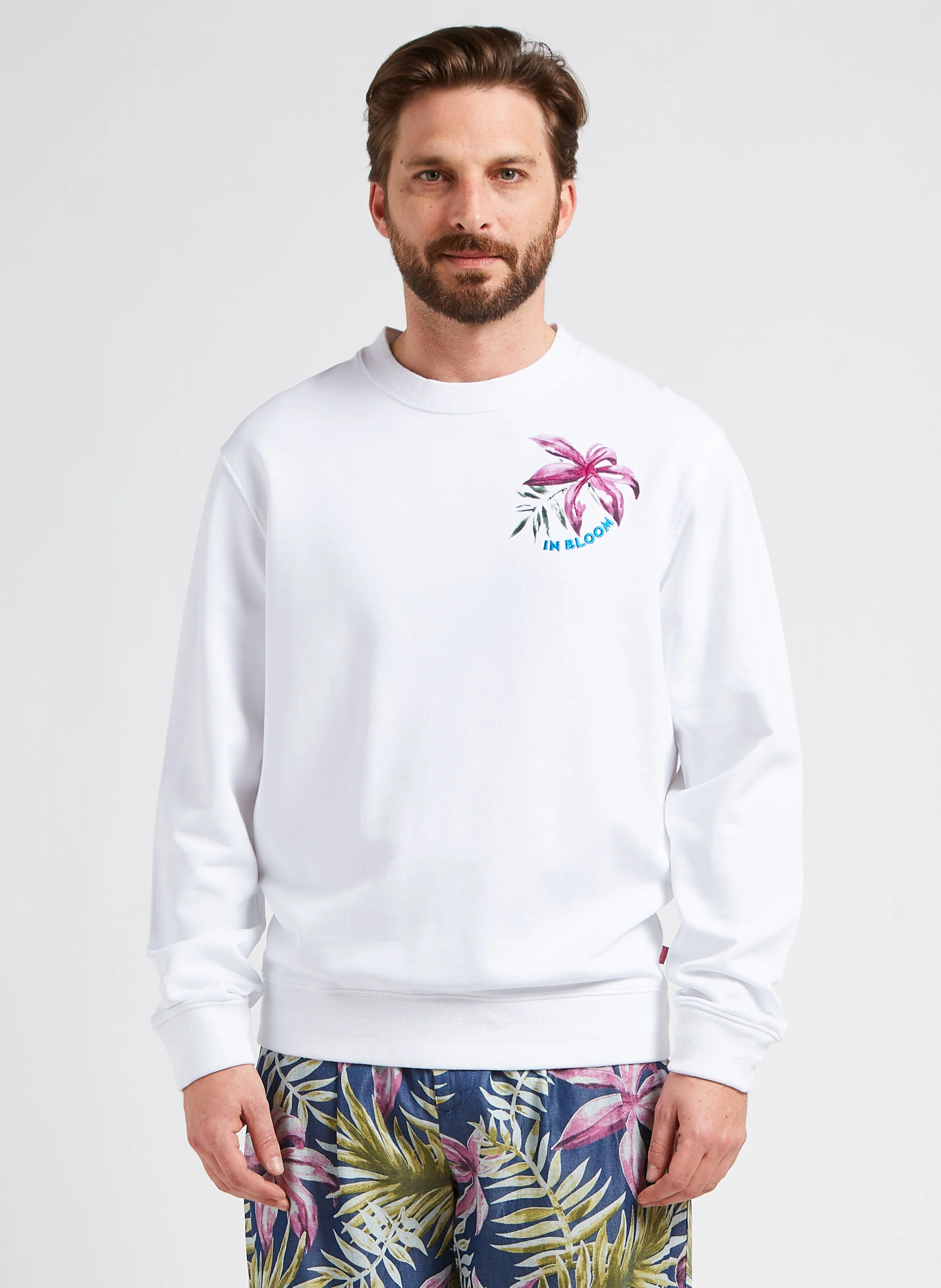 Sweat col rond imprimé et jacquard| Blanc