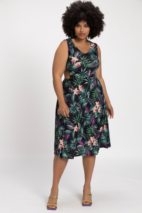 Midikleid, CutOuts, Patch Print, V-Ausschnitt, breite Träger