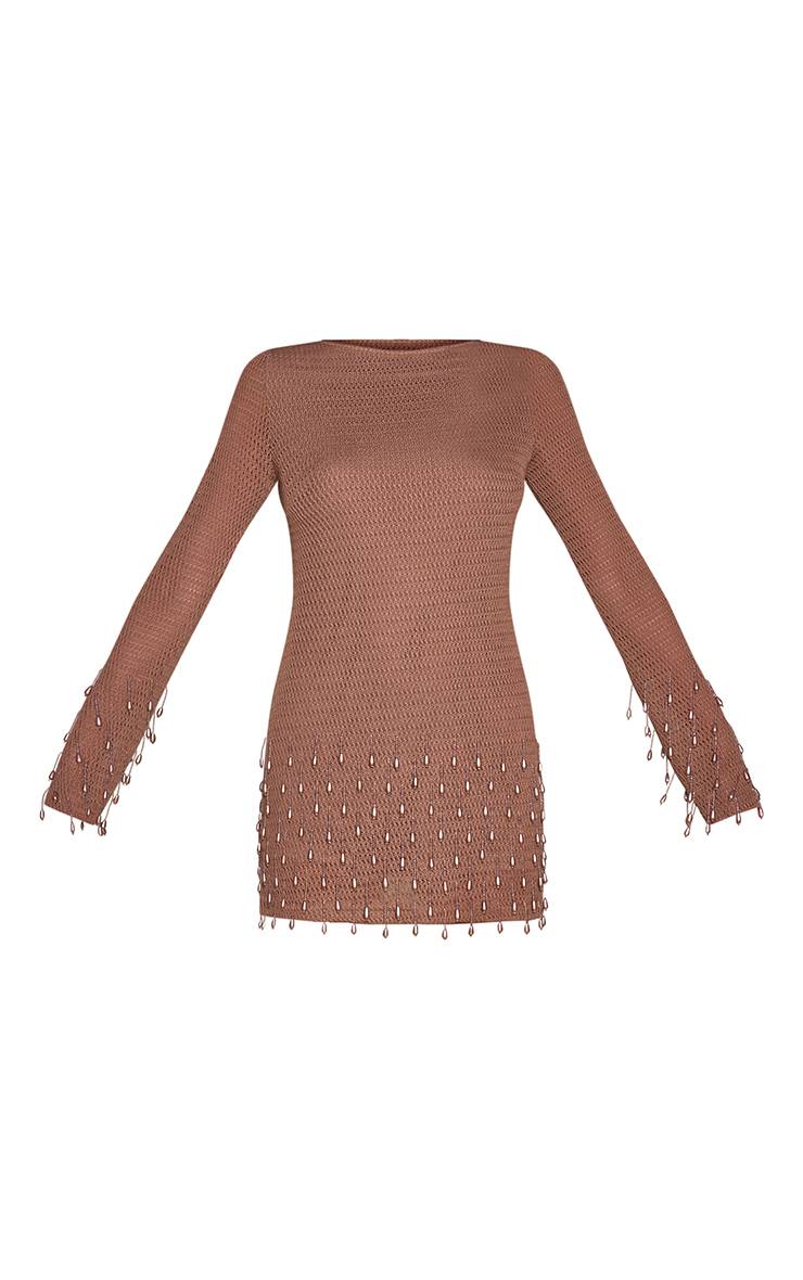Taupe Robe Courte Texturée À Manches Longues Avec Détails De Perles