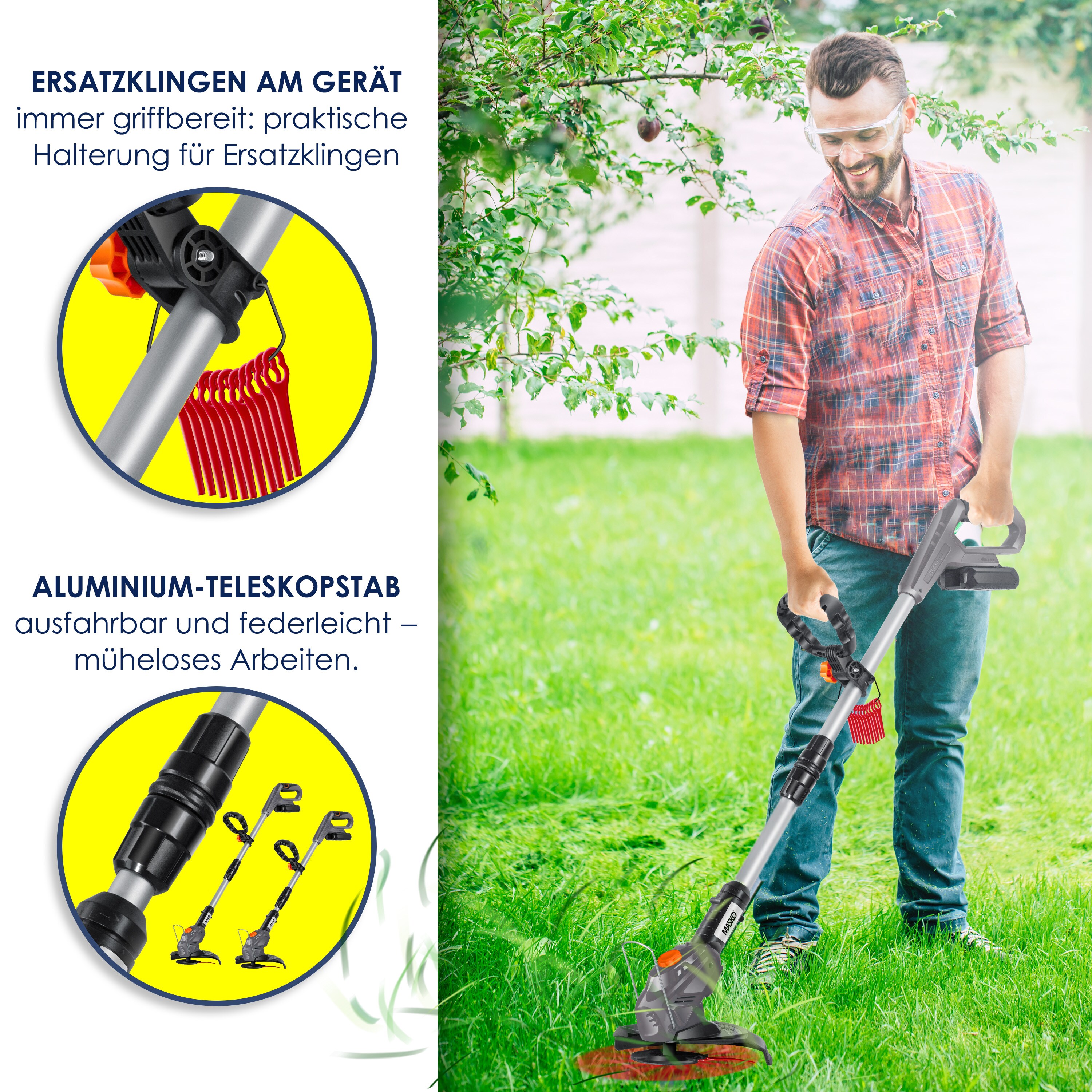 MASKO® Akku-Rasentrimmer mit 20 V Li-Akku, 2,0 Ah Akku und Ladegerät, Motorsense 26 cm Schnittkreis, 180° Trimmwinkel, Teleskop-Stiel & Zusatzhandgriff, inkl. 20 Messer Kunststoffklinge