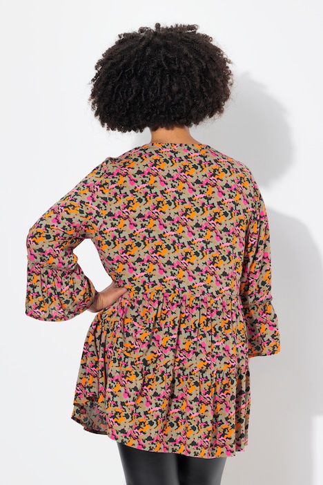 Tunikabluse, A-Linie, Camouflage-Print, Volants