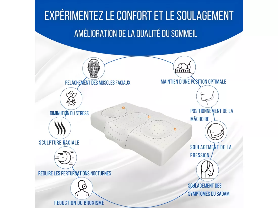 Oreiller Ergonomique Anti-Rides avec Taie d'Oreiller en Soie - Extra Grande - 65x42x10 - ERGO