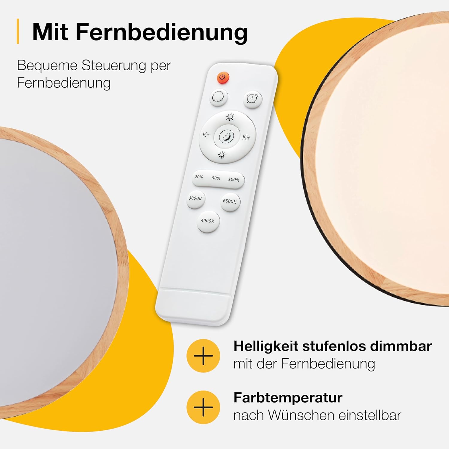 Brilliant Baarlo LED-Deckenleuchte, Farbtemperatur einstellbar (3.000 K–6.500 K), Fernbedienung, stufenlos dimmbar, LED-Lampe für Wohnzimmer & Schlafzimmer, 4.500 Lumen, 36 W, 52 cm, matt schwarz/holz