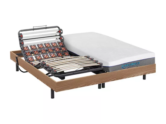Lit électrique de relaxation lattes et plots + matelas mémoire de forme - 2 x 80 x 200 cm - Chêne - DIONYSOS de YSMÉE