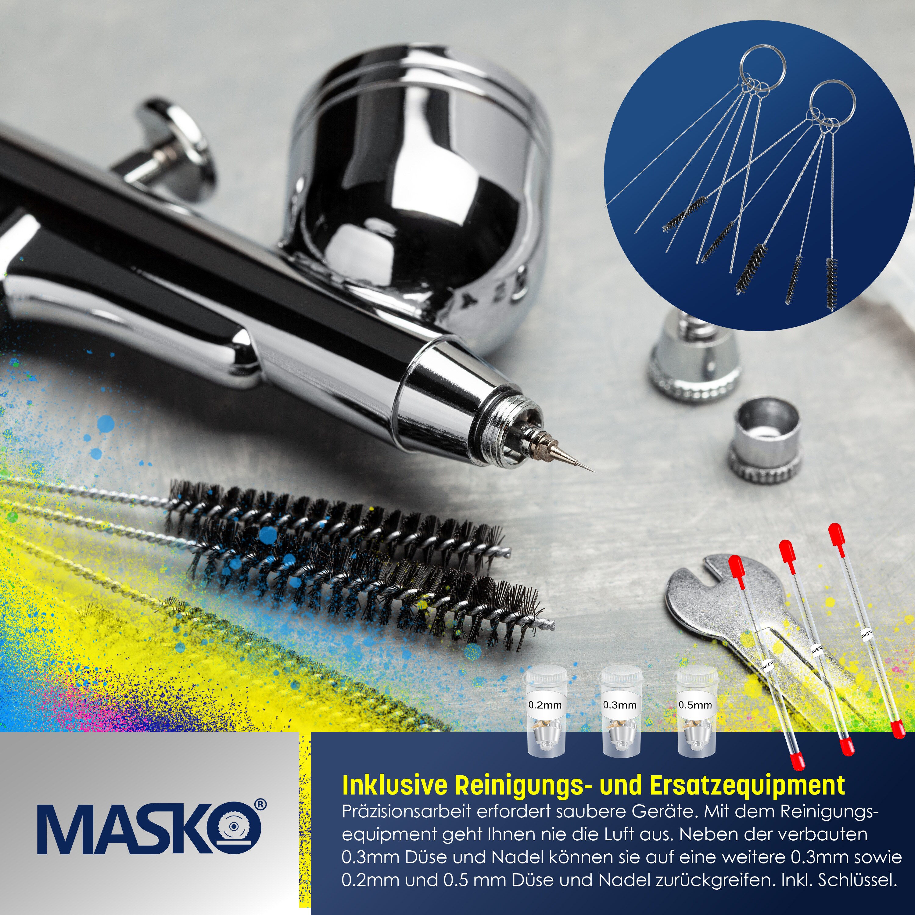 MASKO® Airbrush-Set mit Kompressor 4 bar inkl. Airbrush-Pistolen | Lackierpistole Komplett-Set Tattoo Kunst Malerei | Nadeln & Düsen im Zubehör | Multifunktions Dual-Set mit Manomter & Luftfilter