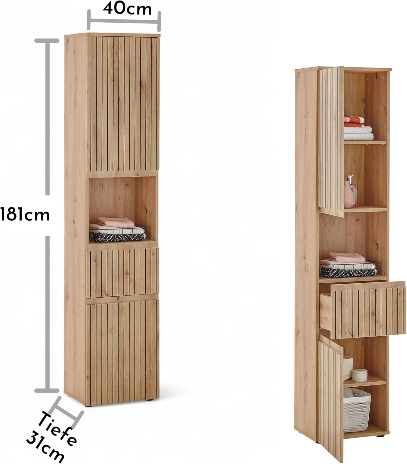 AUSTIN Badezimmer Hochschrank in Artisan Eiche Optik, Wildeiche Optik FSC-zertifiziert - Badezimmerschrank Bad Schrank mit viel Stauraum - 40 x 181 x 31 cm (B/H/T)