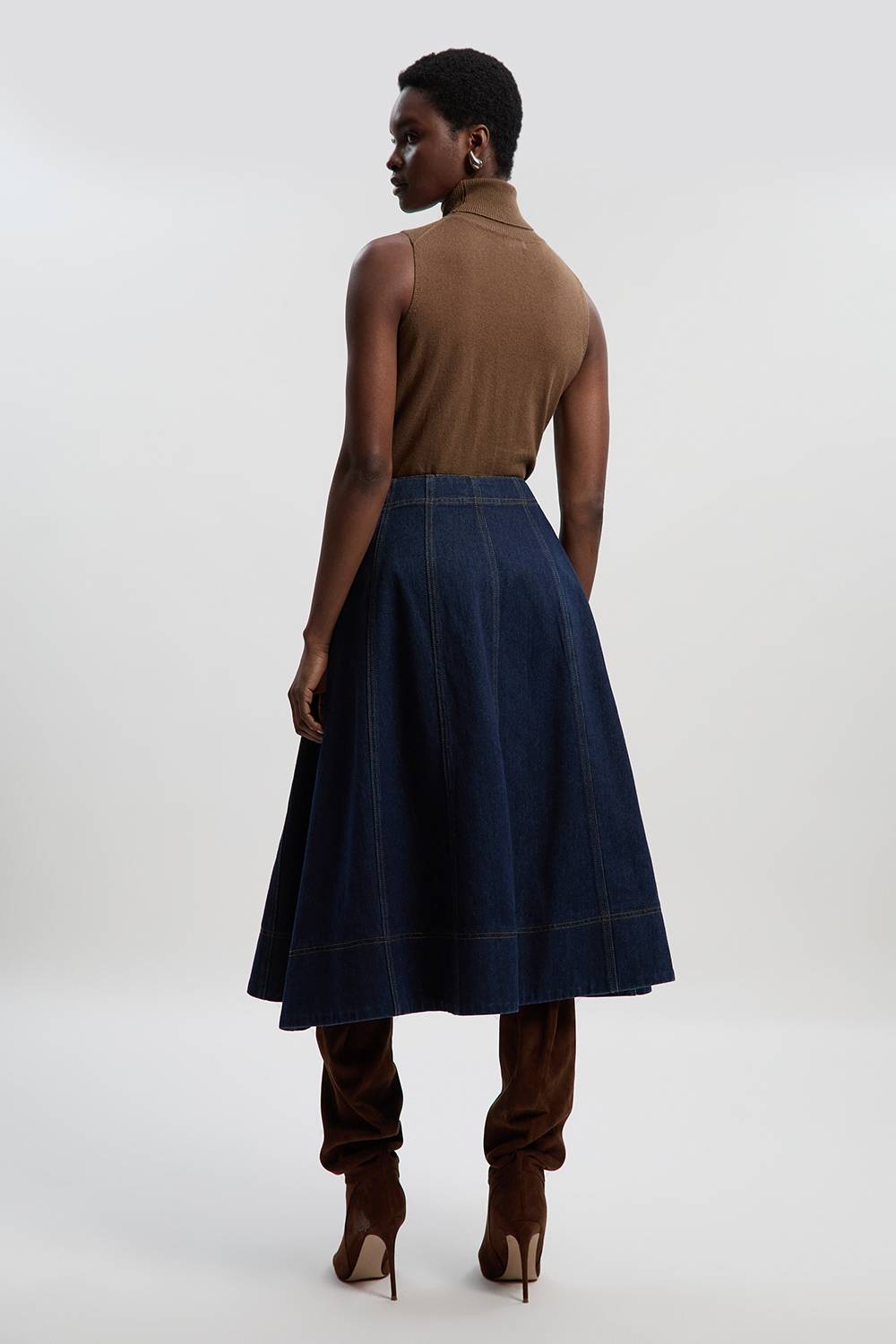 KarenMillen Jupe Midi Évasée en Denim à Détail Mors