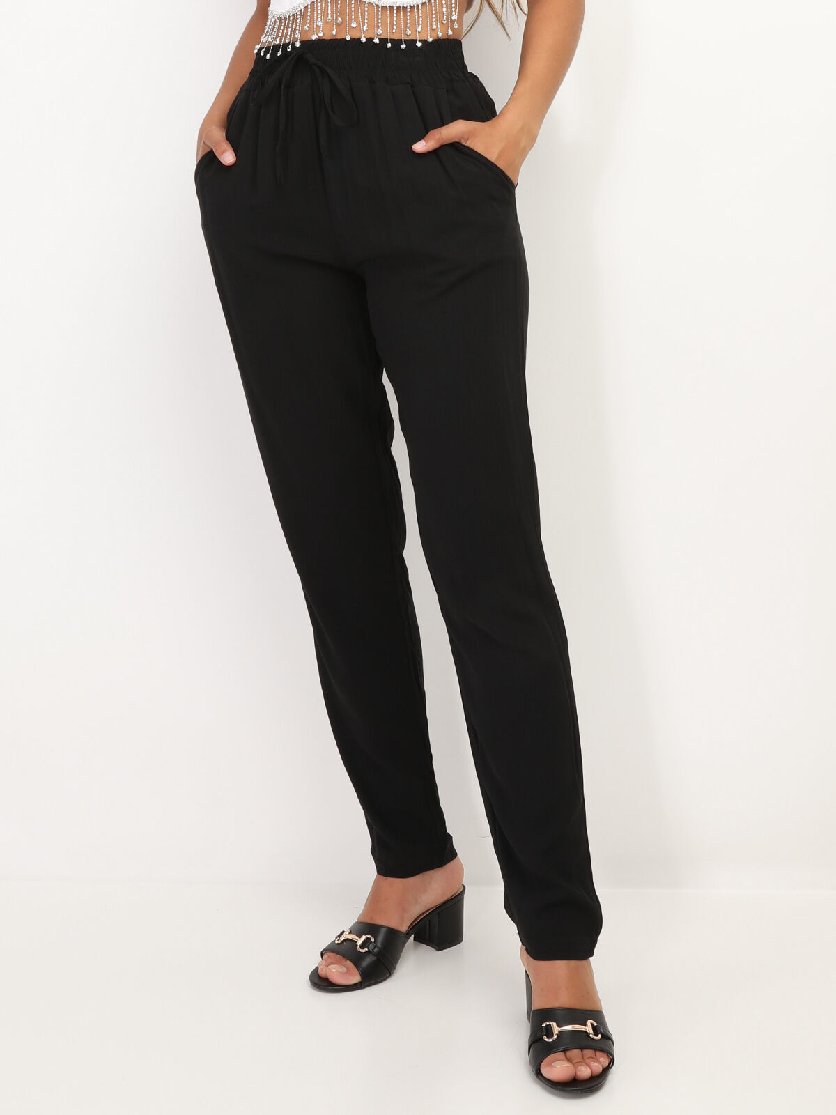 Pantalon fluide avec liens- Noir