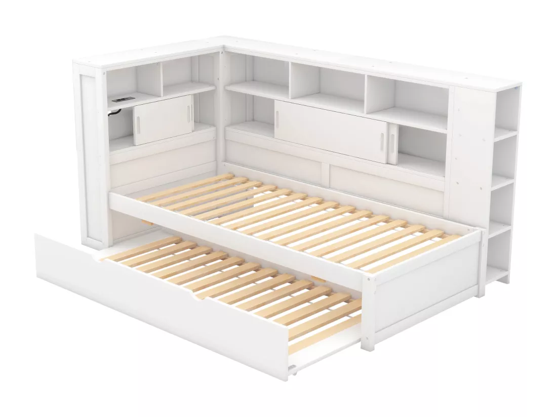 Lit gigogne 90 x 190/200 cm avec tête de lit - Placards de rangement et Prises USB - Panneaux de particules+MDF - Blanc (sans matelas)