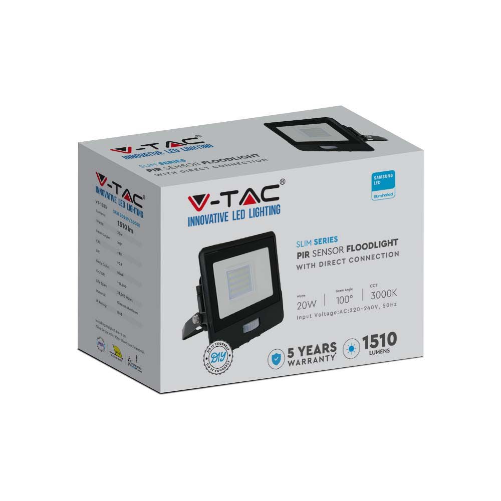 V-TAC VT-128S-B - LED-schijnwerper met PIR-sensor - Zwart - Samsung - IP65 - 20W - 1510