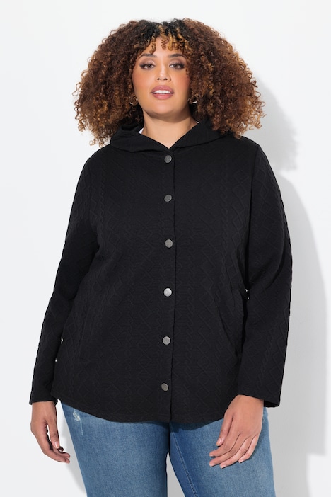 Hoodie-Jacke, Zopfmuster, Druckknöpfe, hinten länger