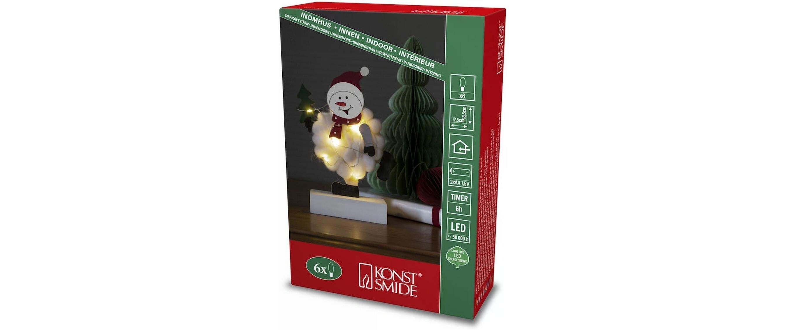 LED-Figur Schneemann, Holz & Baumwolle, 6 LEDTischdekoration