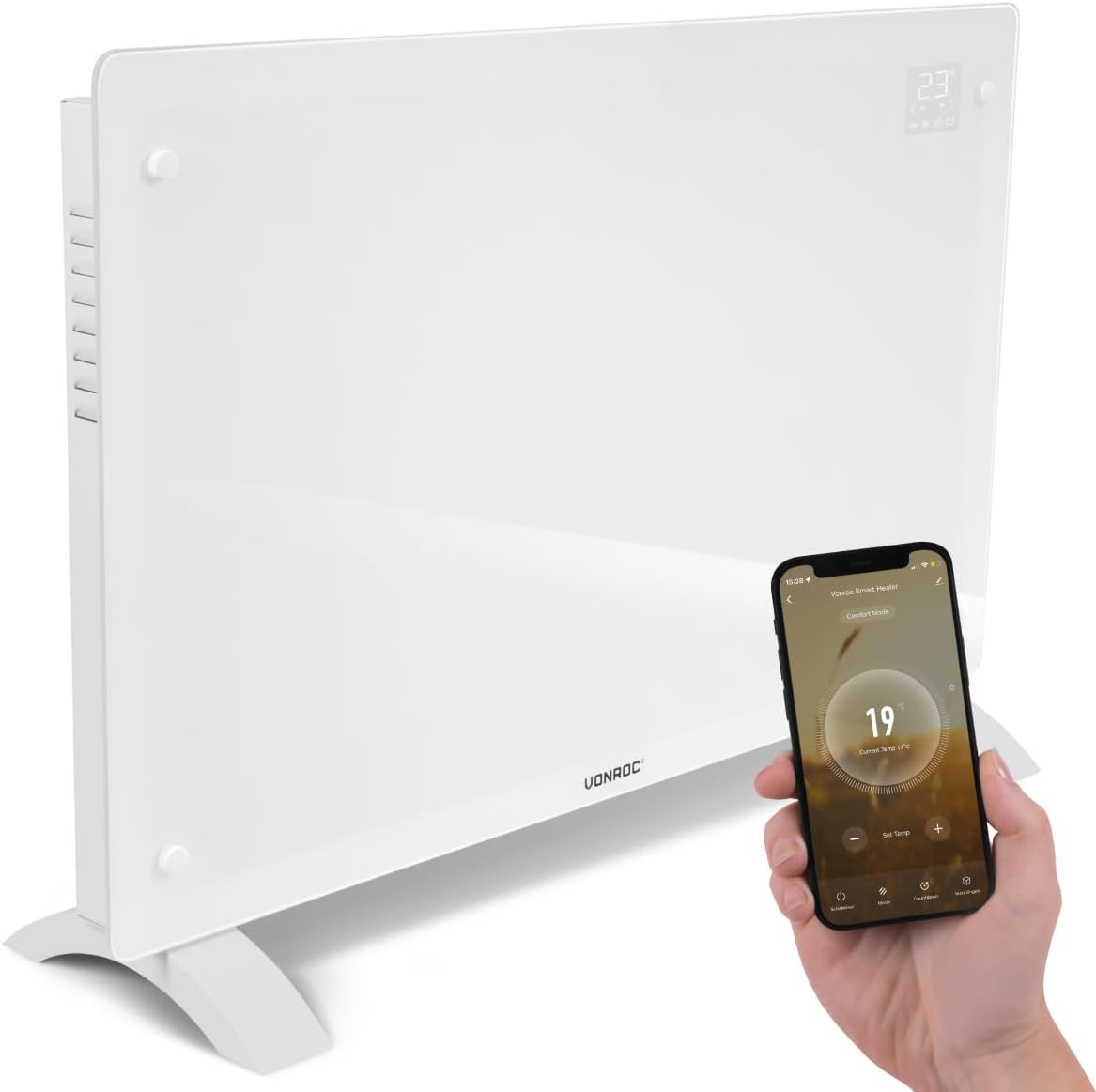 VONROC Elektroheizung energiesparend 2000W - Konvektor Heizung [24qm Räume] - Mobile Elektrische Heizung [App/Touch Steuerung] - Heizkörper 2in1 Wand-/Bodenmontage - Weiss
