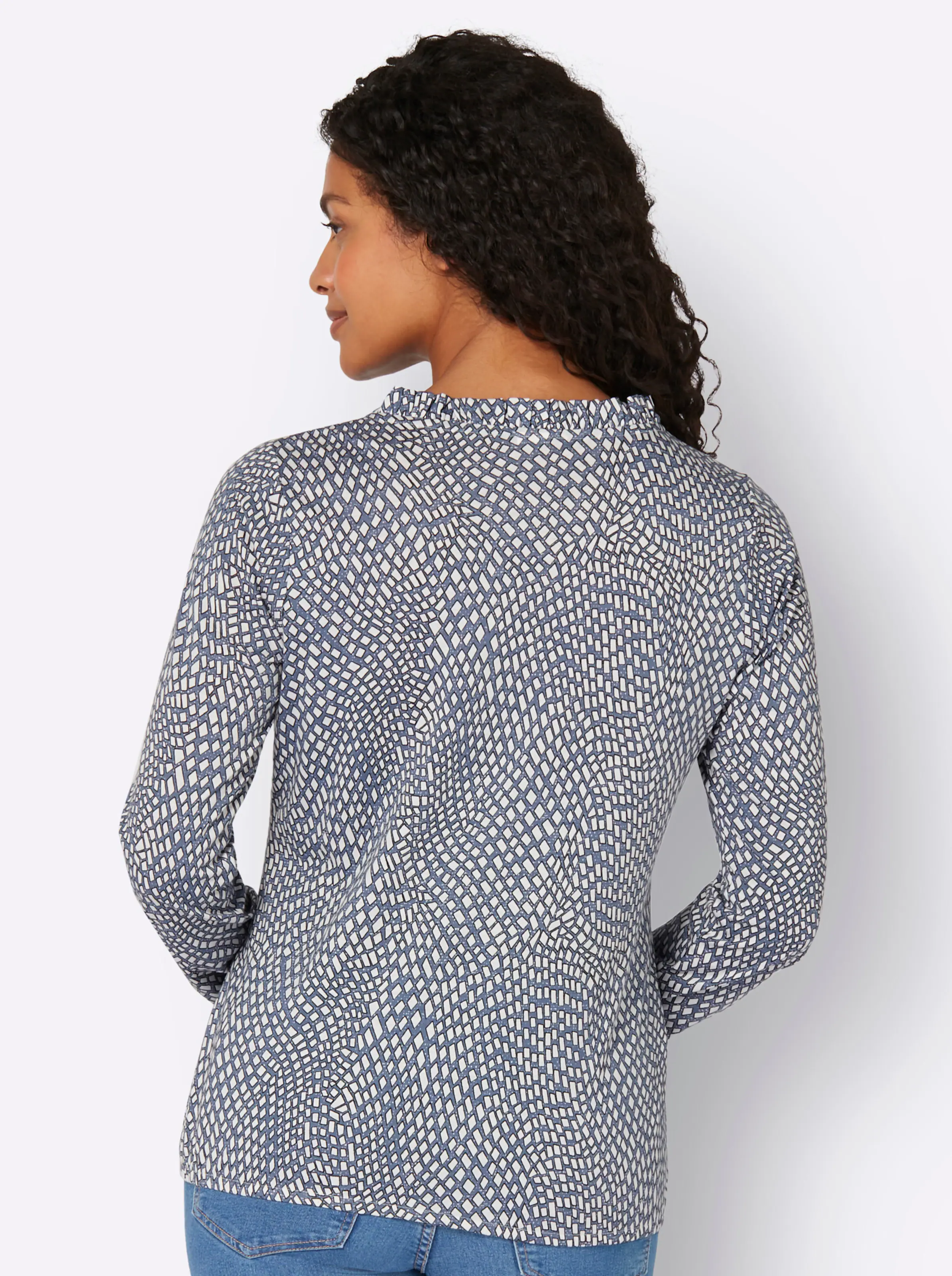 Langarmshirt in rauchblau-ecru-bedruckt
