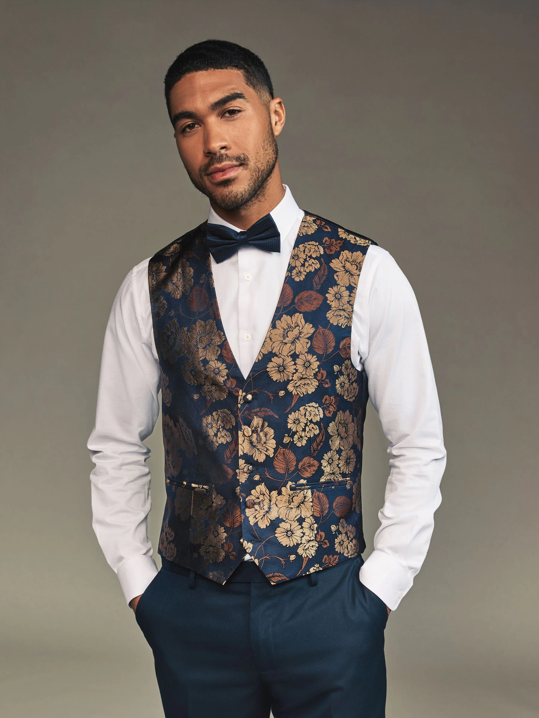 Marineblauw/goud gebloemd - Regular fit gilet voor speciale gelegenheden