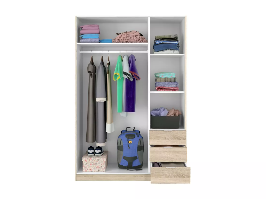 Armoire Ddermak, Armoire de chambre avec 3 portes et 3 tiroirs, Armoire avec 3 étagères et tringle à vêtements, 135x52h200 cm, Chêne