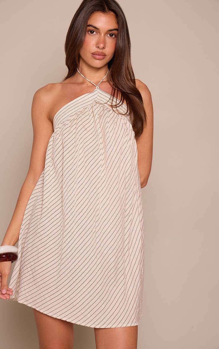 Crème Robe Droite Sans Manches À Col Licou À Fines Rayures