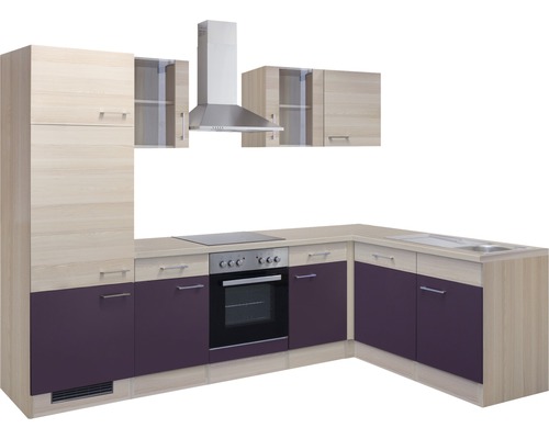 Flex Well hoekkeuken met Focus apparatuur, 280 cm, acacia aubergine mat, gedemonteerd, omkeerbare uitvoering 00009044