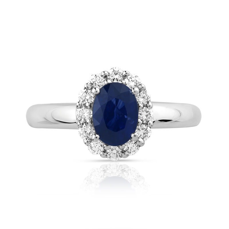 Bague or 750 blanc saphir ovale et diamants
